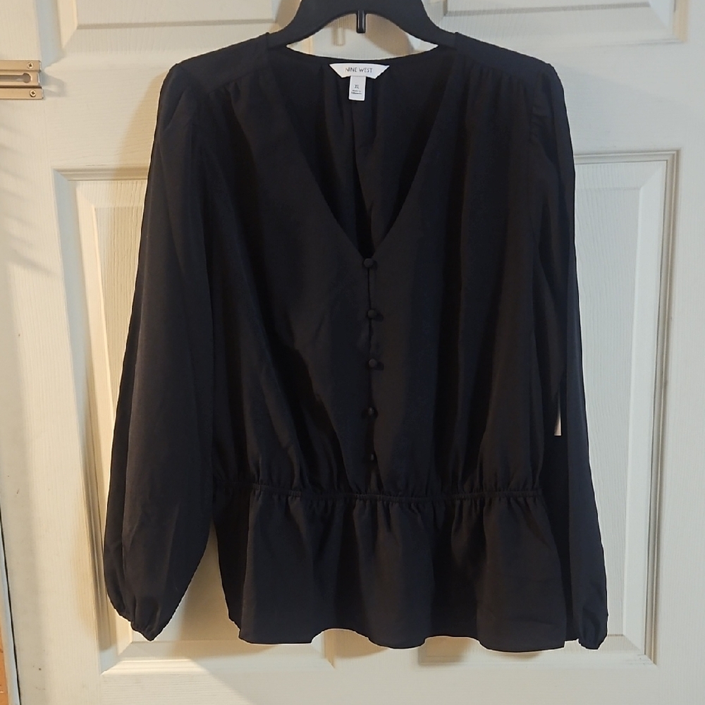 NINE WEST PEPLUM BLOUSE: BLACK: NEW WITH TAGS: SIZE XL